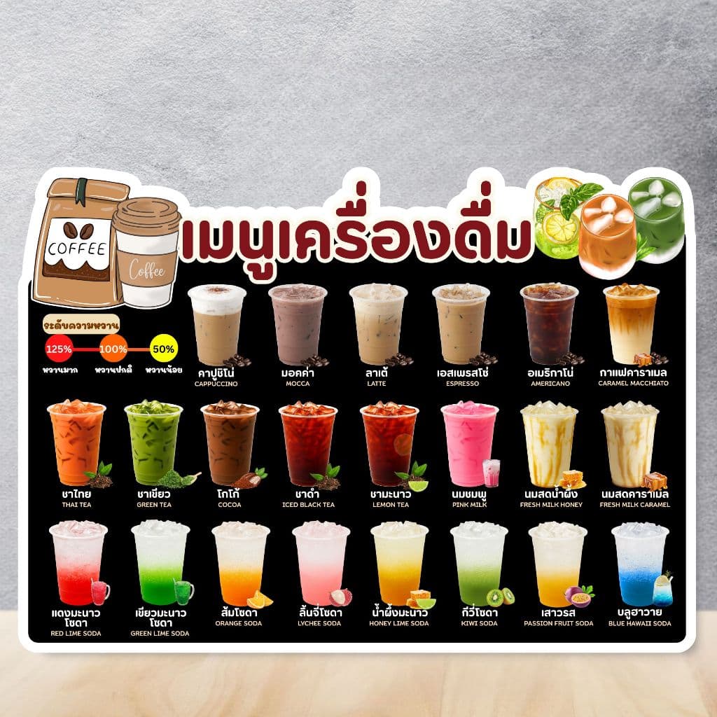 ป้ายเมนูน้ำ / ป้ายเมนูเครื่องดื่ม ป้ายฟิวเจอร์บอร์ด / เคลือบแข็ง ตัดตามรูป ขนาด A4 / A3 รูปที่ 6