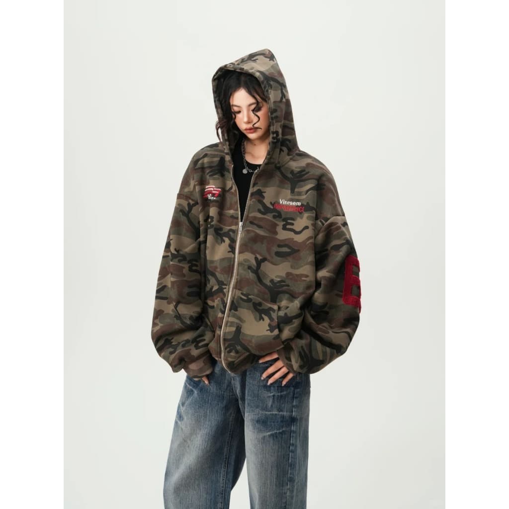 [Street style casual camouflage zip-up jacket]เสื้อแจ็คเก็ตแขนยาวลายพรางสไตล์สตรีทลำลองสำหรับผู้หญิง รูปที่ 8