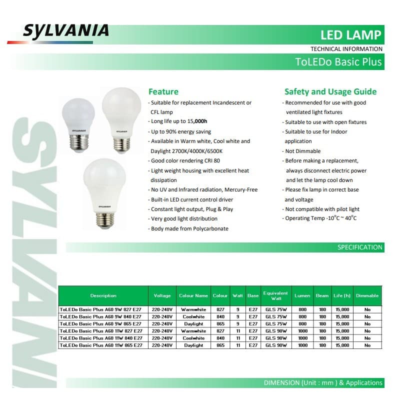 Sylvania หลอดไฟ ซิลวาเนีย LED Bulb ToLEDo Basic Plus 7W 9W 11W 13W A60 E27 รูปที่ 8