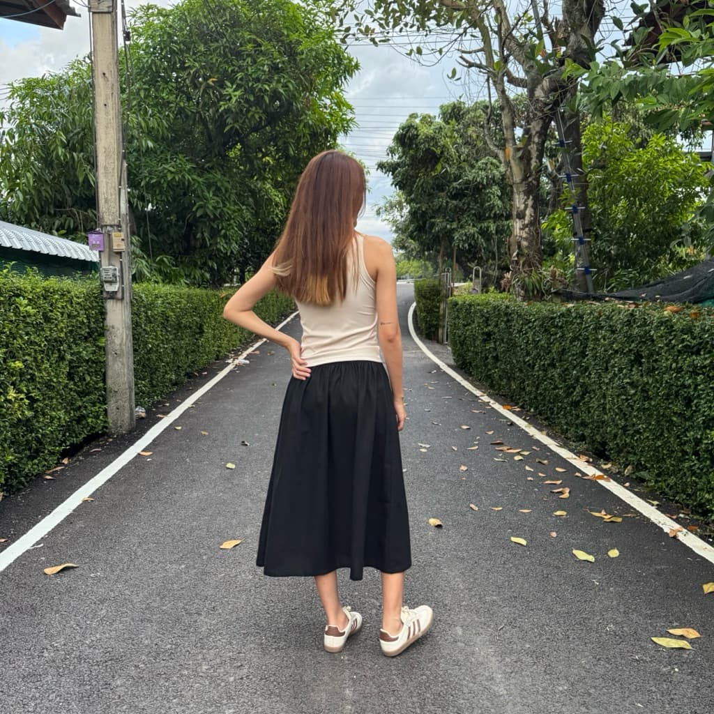 lamoonta กระโปรงผู้หญิง กระโปรงผ้าฝ้ายเอวยางยืด มีกระเป๋า2ข้าง รูปที่ 1