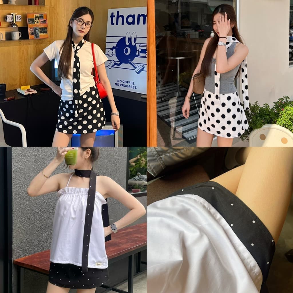 BRB : Polka dots skirt กระโปรงสั้น XS-2XL ลายจุด เอวสูง ซับใน2ชั้น แถมเชือกผูกผม 1 เส้น รูปที่ 4