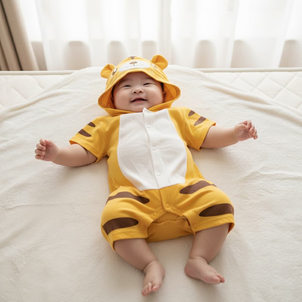 Babyonline 2H3-4 ชุดบอดี้สูทสำหรับเด็กมีฮู้ดรูปสัตว์มีกระดุมหน้า ผ้าฝ้าย นิ่ม ใส่สบาย แนะนำอายุ 0-1 ปี รูปที่ 4