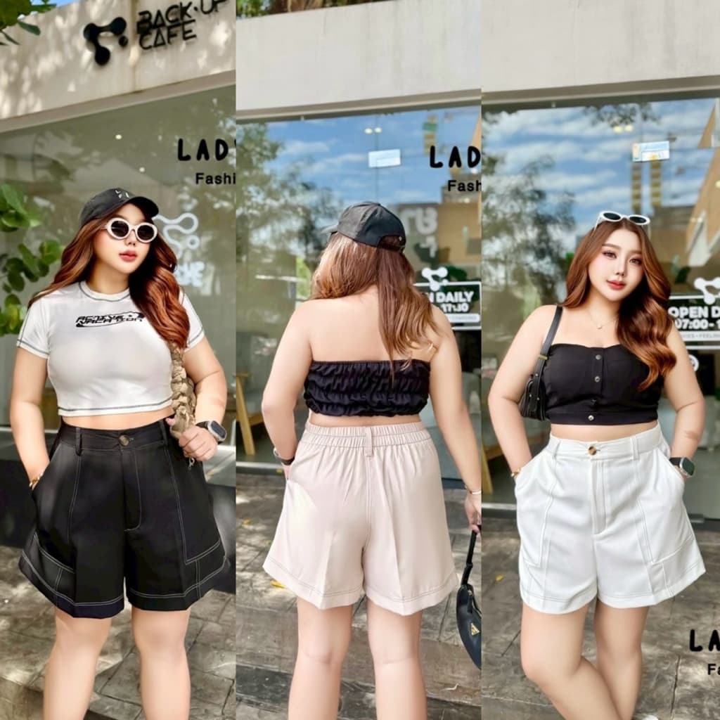 กางเกงขาสั้น ผ้าเปเป้ ดีเทลเดินด้าย ทรงสวย ใส่สบาย เสื้อผ้าสาวอวบอ้วน พลัสไซส์ ไซส์ใหญ่ รูปที่ 1