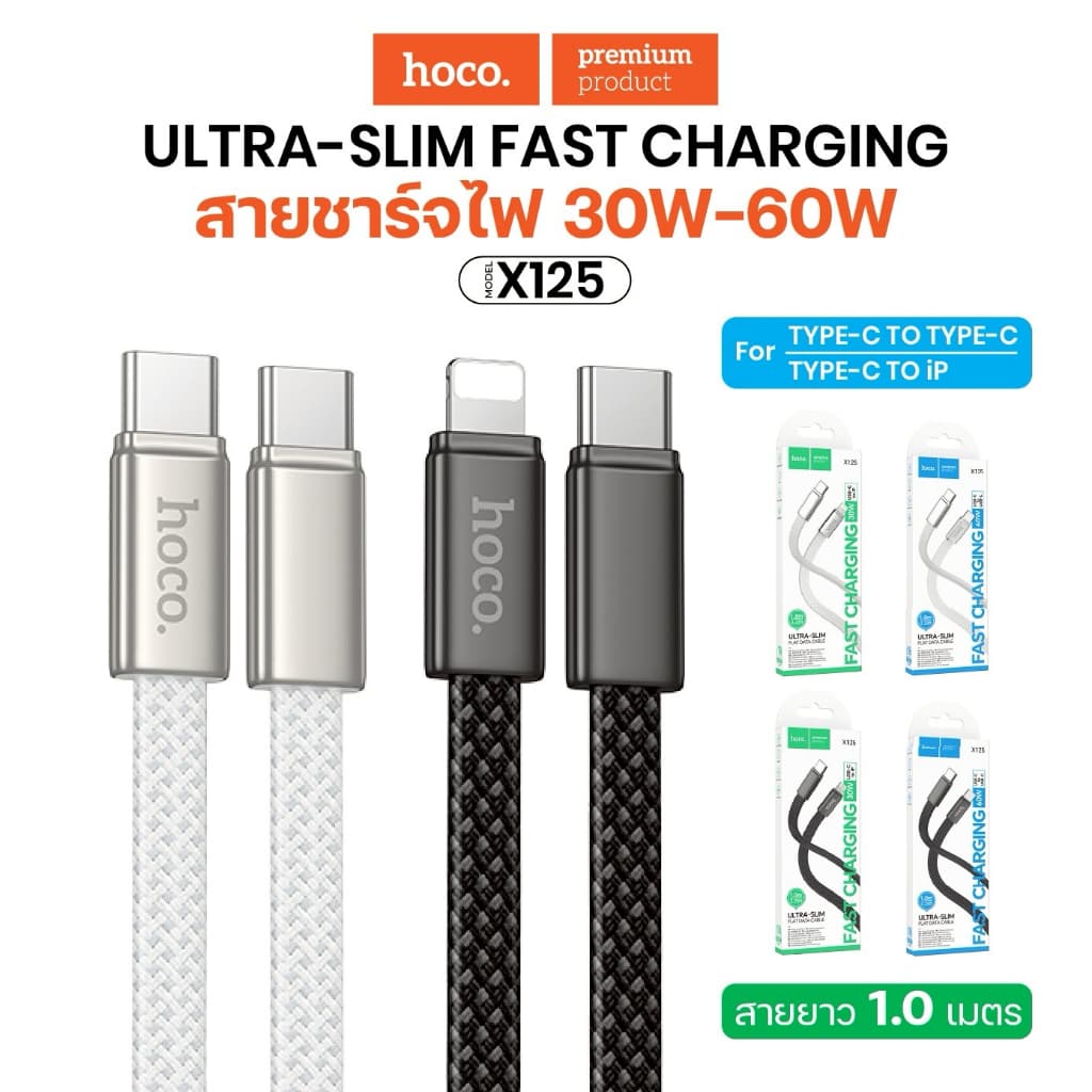 hoco. X125 สายถักไนลอน รองรับการชาร์จรวดเร็ว 60W รองรับ PD ชาร์จเร็ว เข้ากันได้ TypeC/Li ความยาวหนึ่งเมตร รูปที่ 1
