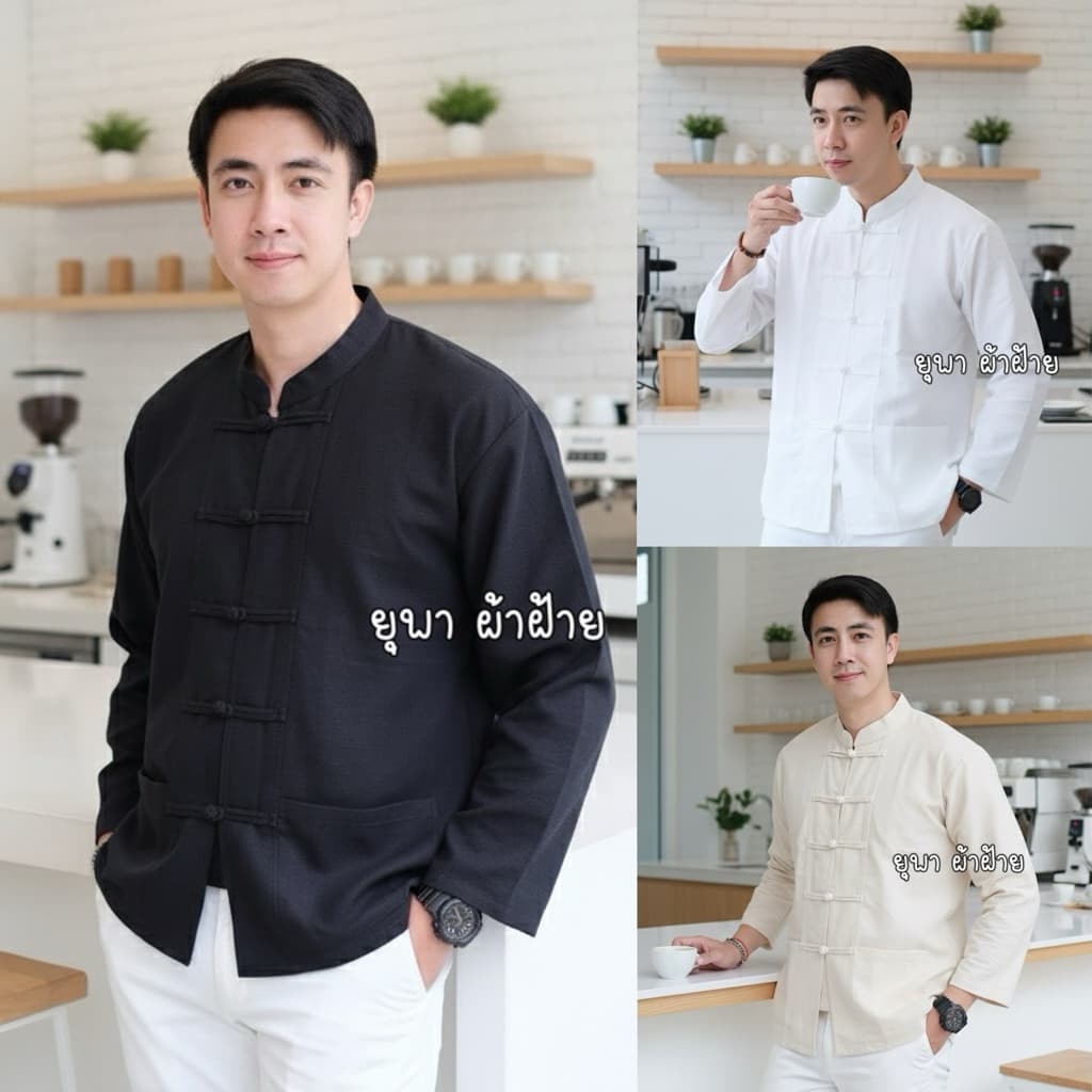 เสื้อพื้นเมืองคอจีนผู้ชายแขนยาว งานผ้าชินมัยเรียบหรู