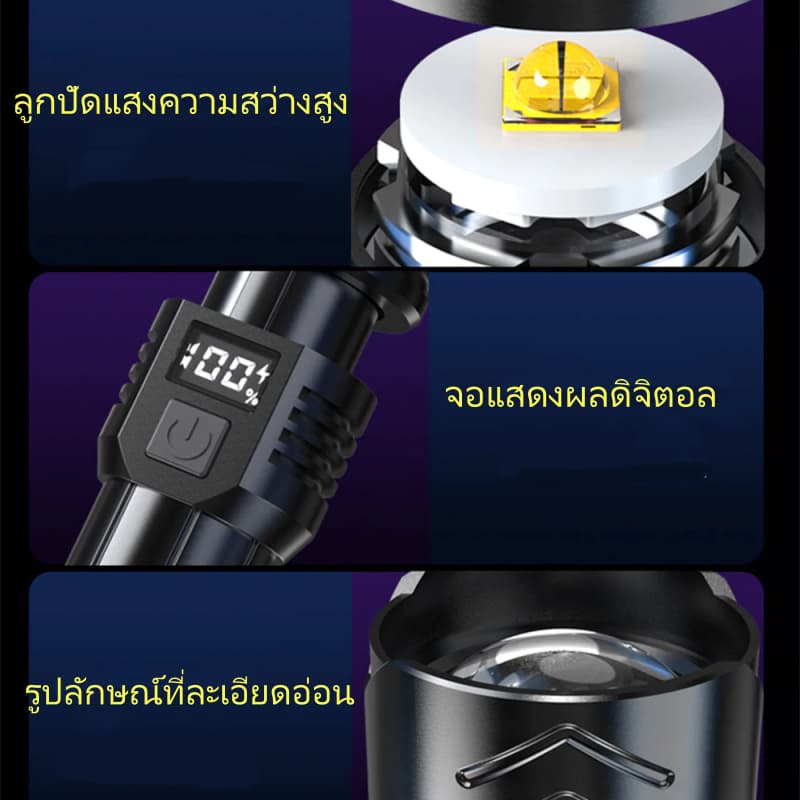 ไฟฉายพกพา ซูมได้ ปรับได้ 3 ระดับ ไฟฉายแรงสูงไกล ไฟฉาย led ชาร์จได้ ไฟฉายสว่างมากๆ led flashlight รูปที่ 3