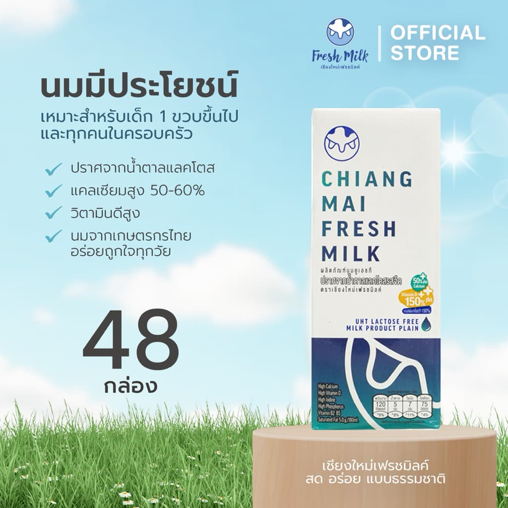[48 กล่อง/ลัง] Chiangmai Freshmilk Lactose Free High Calcium50%  High Vit.D นมUHT นมแลคโตสฟรี