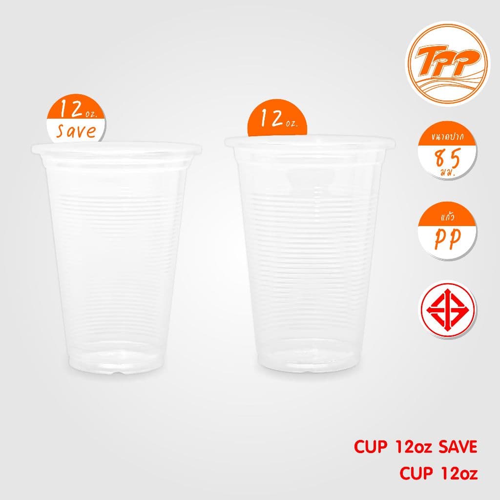 TPP แก้วพลาสติก 12oz / 12oz SAVE ลอน ใส 1,000 ใบ PP ปาก 85 รูปที่ 2