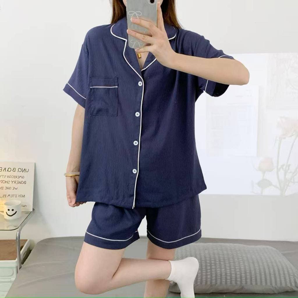 ชุดนอนผ้าไหมญี่ปุ่นสีพื้น เเขนสั้น-ขาสั้น ผ้านิ่มใส่สบาย ฟรีไซส์อก44 รูปที่ 3