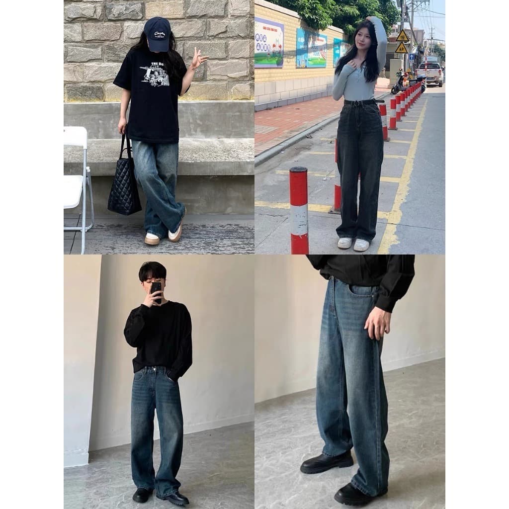 กางเกงยีนส์ทรงตรงพื้นฐาน ขากว้างพิเศษแบบ Unisex สำหรับผู้ชายและผู้หญิง สไตล์ กางเกงยีนส์ขายาวกระบอกใหญ่ รูปที่ 8