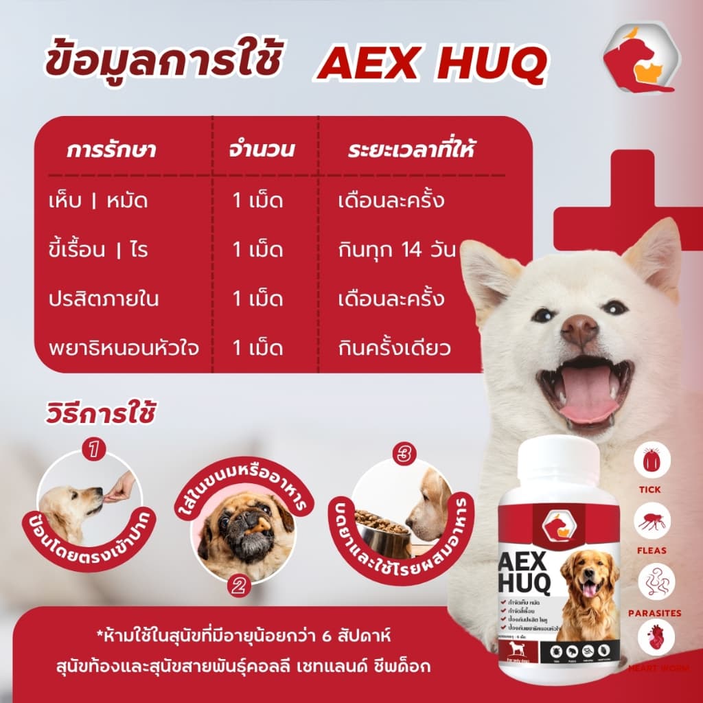 Aexhuq เสริมอาหาร ป้องกันเห็บ หมัด ไร ลดคัน ขนร่วง สูตรสำหรับสุนัข รูปที่ 4