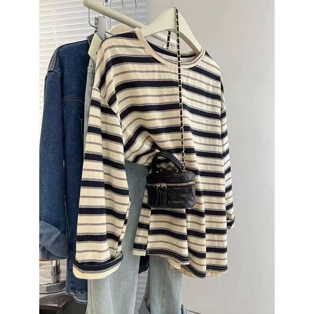 สินค้า เสื้อยืดคอกลม แขนยาว เสื้อยืดลำลอง ลายทางสไตล์เกาหลี ผ้าใส่สบายสำหรับผู้หญิง รูปที่ 7