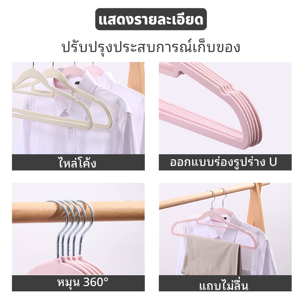 ดีถูกใจ.living ไม้แขวนพรีเมียม เนื้อเวลเวท 1แพ็ค50 ชิ้น ร่องกันลื่น ประหยัดพื้นที่ ตะขอหมุน360° รูปที่ 3