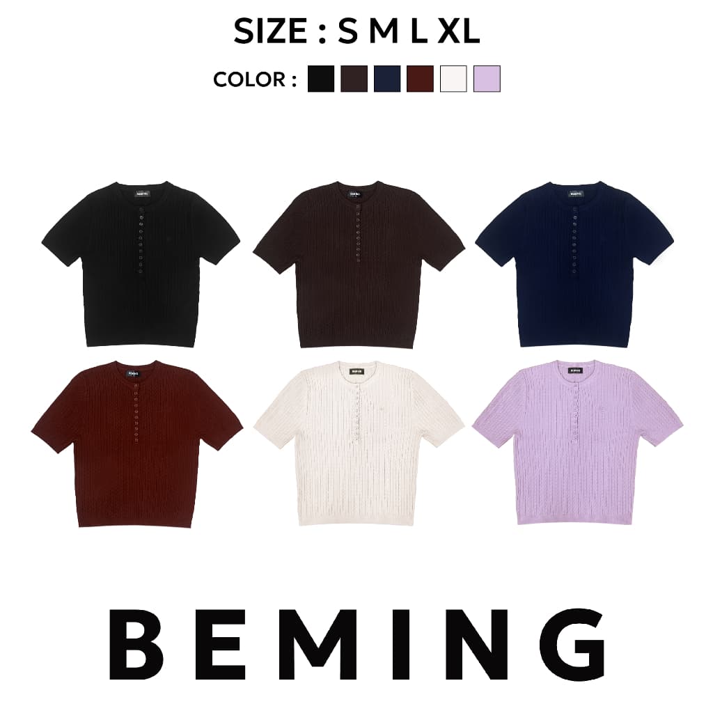 Bemingtop1107 -BMG Rib Button Top - เสื้อไหมพรมลายริบ ดีไซน์คอกลมพร้อมกระดุมหน้า ทรงพอดีตัว รูปที่ 1