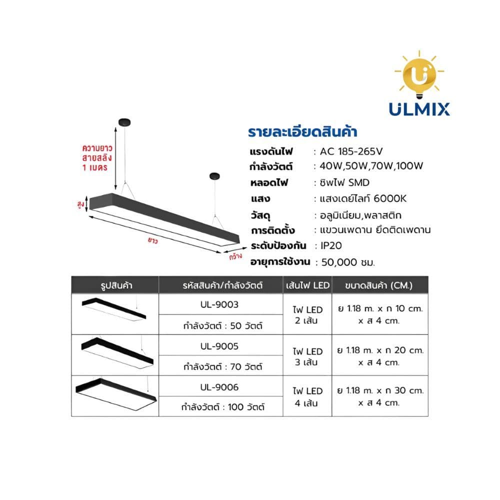 Iwachi โคมไฟแขวนสลิงเพดาน โคมไฟออฟฟิต 36W / 50W LINEAR ฟรีชุดสลิง!! รูปที่ 6