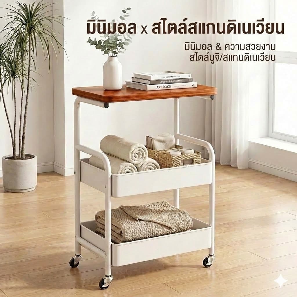 Esshelf 42*77*28cm โต๊ะข้างเตียง โต๊ะข้างโซฟา2ชั้น โต๊ะกาแฟ+ชั้นวางของ 4มีล้อเคลื่อนย้ายสะดวก รูปที่ 2