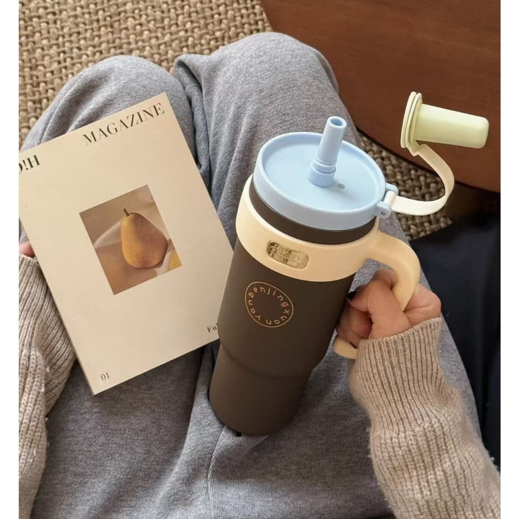 แก้วน้ำเก็บความเย็นสแตนเลสเคลือบเซรามิก แก้วเก็บความเย็น 30oz/1000ML แก้วเก็บความเย็น ด้ามจับแบบพกพา รูปที่ 9