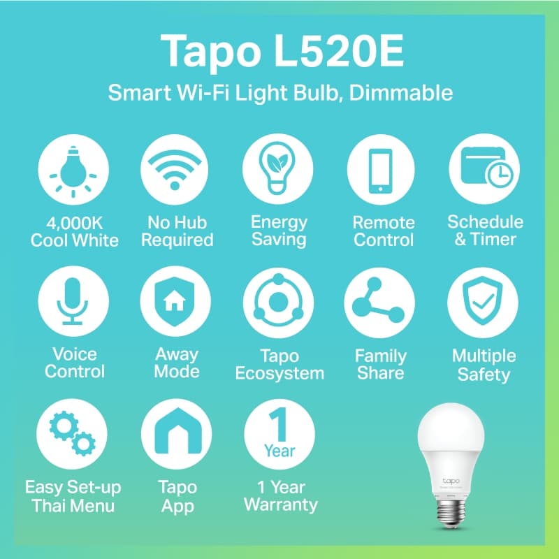 TP-Link Tapo L520E หลอดไฟอัจฉริยะ ตั้งค่าผ่านแอป สั่งการด้วยเสียง Smart Wi-Fi Light Bulb ขั้ว E27 มีฟังก์ชั่นหรี่แสง รูปที่ 2