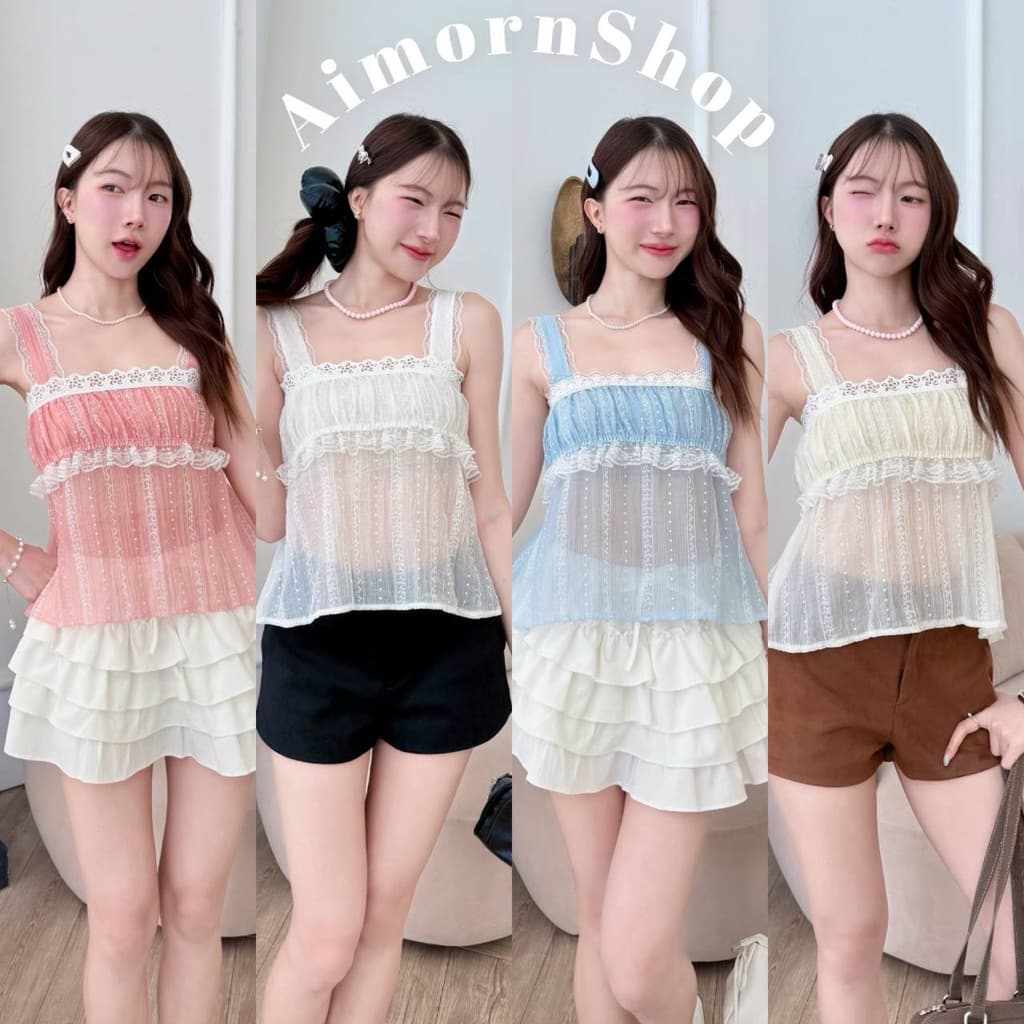 aimorn_shopเสื้อสายเดี่ยว ลายจุด ผ้าบาง ขอบติดลูกไม้น่ารักๆ ด้านหน้าแหวกเพิ่มความเซ็กซี่ งานใส่สบาย รูปที่ 8