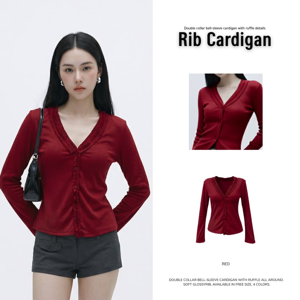MURF Rib Cardigan - เสื้อคาร์ดิแกนผ้า GlossyRib แต่งระบาย แขนกระดิ่ง | Bell-Sleeve Cardigan T166 รูปที่ 4