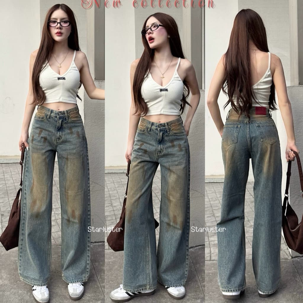 Pravve Jeans กางเกงยีนส์ขากระบอก ผ้าไม่ยืด สีสนิมเปรอะสุดอินเทรนด์ รูปที่ 1