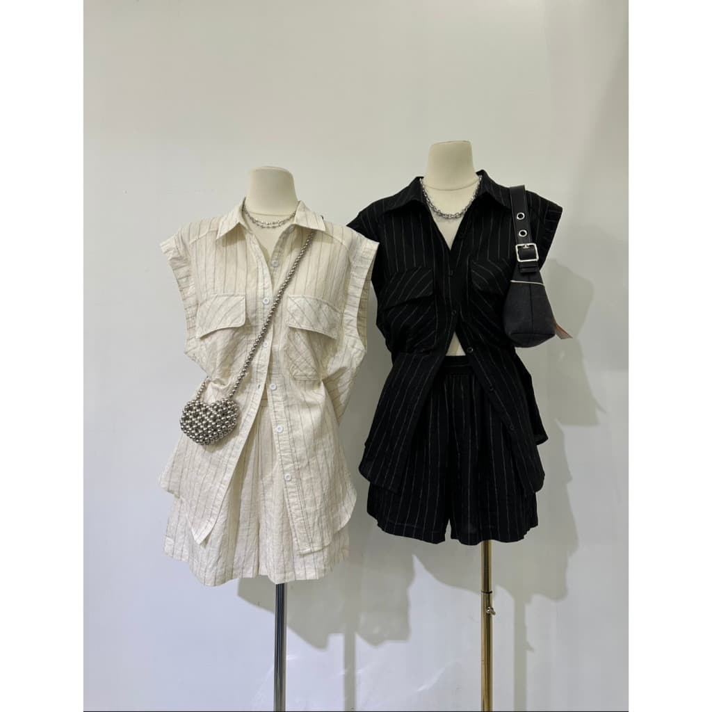 B667 | เซตเสื้อเชิ้ต + กางเกงขาสั้นลายริ้ว ลุคเรียบเท่ รูปที่ 7