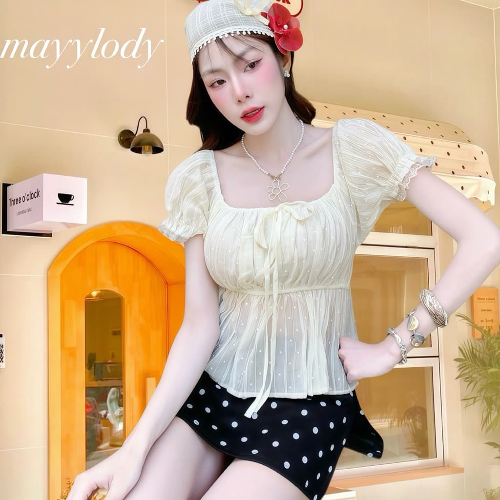 mayylody Pinky TOP เสื้อแขนตุ๊กตา แต่งระบายลูกไม้ ผ้าพิมพ์ลาย สุดฮิต ชุดไปทะเล ชุดไปคาเฟ่ รูปที่ 3