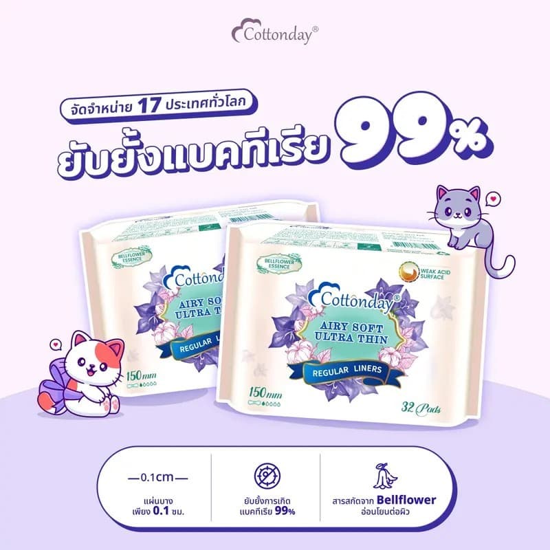 ผ้าอนามัย Cottonday บลูเบลล์ สูตรกรดอ่อน 150 มม. × 32 ชิ้น × 5 แพ็ก อ่อนโยนต่อผิว ระบายอากาศได้ดี รูปที่ 7