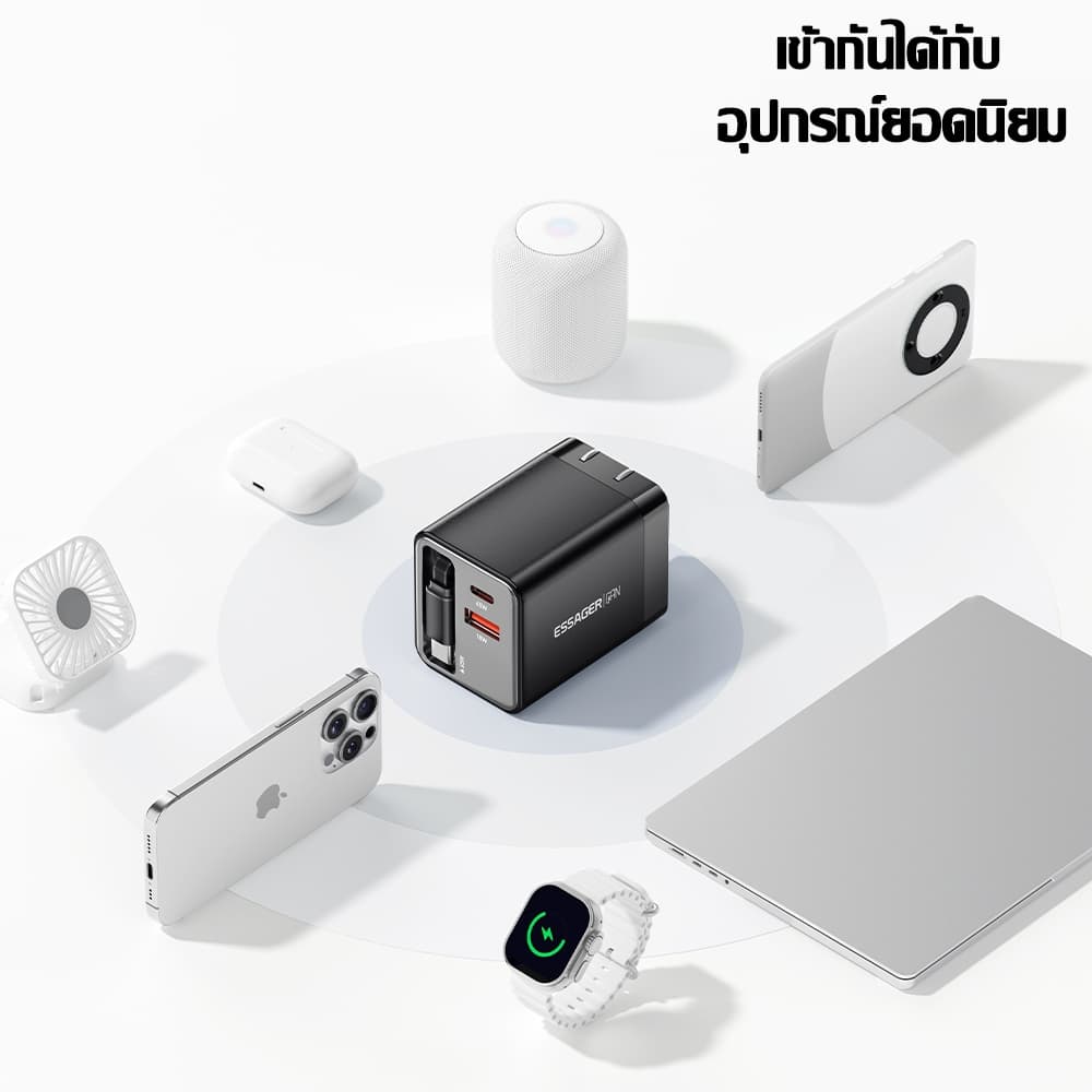 หัวชาร์จ 65W GaN USB A+C ชาร์จเร็ว พร้อมสายชาร์จพกพา ยืดได้ ชาร์จอุปกรณ์ 3 เครื่องพร้อมกัน จำเป็นสำหรับบ้านและการเดินทาง รูปที่ 4