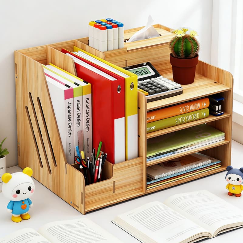 ชั้นวางเอกสารลายไม้ 4ชั้น จัดระเบียบโต๊ะ เก็บปากกา เครื่องเขียน Desk Organizer Wooden รูปที่ 8
