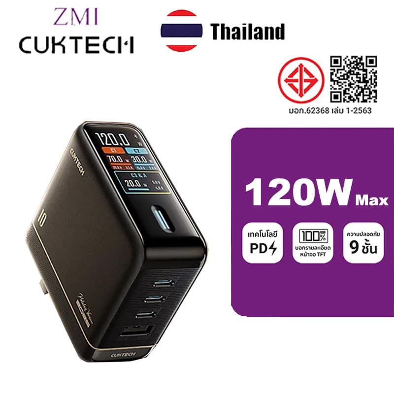 CUKTECH NO.10 เครื่องชาร์จ GaN 120W ตัวแปลงไฟฟ้าปรับได้การชาร์จจอแสดงผลดิจิตอลแบบชาร์จอย่างรวดเร็ว รูปที่ 1