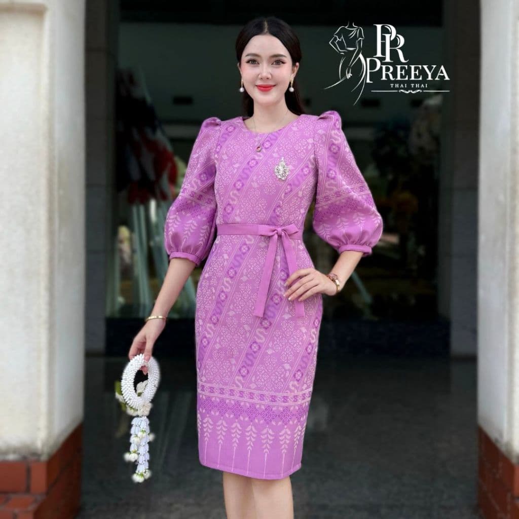PR159 เดรสผ้าฝ้ายทอลาย ยกแขน อัดกาวทั้งชุด แบรนด์ preeya มีไซส์S-2XL ชุดไทย ชุดผ้าไทย รูปที่ 5