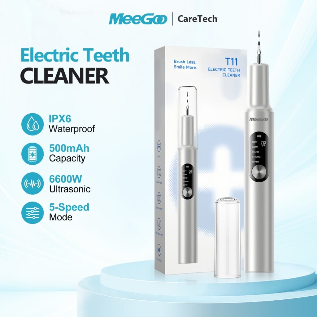 MeeGoo เครื่องทำความสะอาดฟันอัลตราโซนิก สแตนเลส IPX6 กันน้ำ ทำความสะอาด 5 โหมด การฆ่าเชื้ออัตโนมัติ