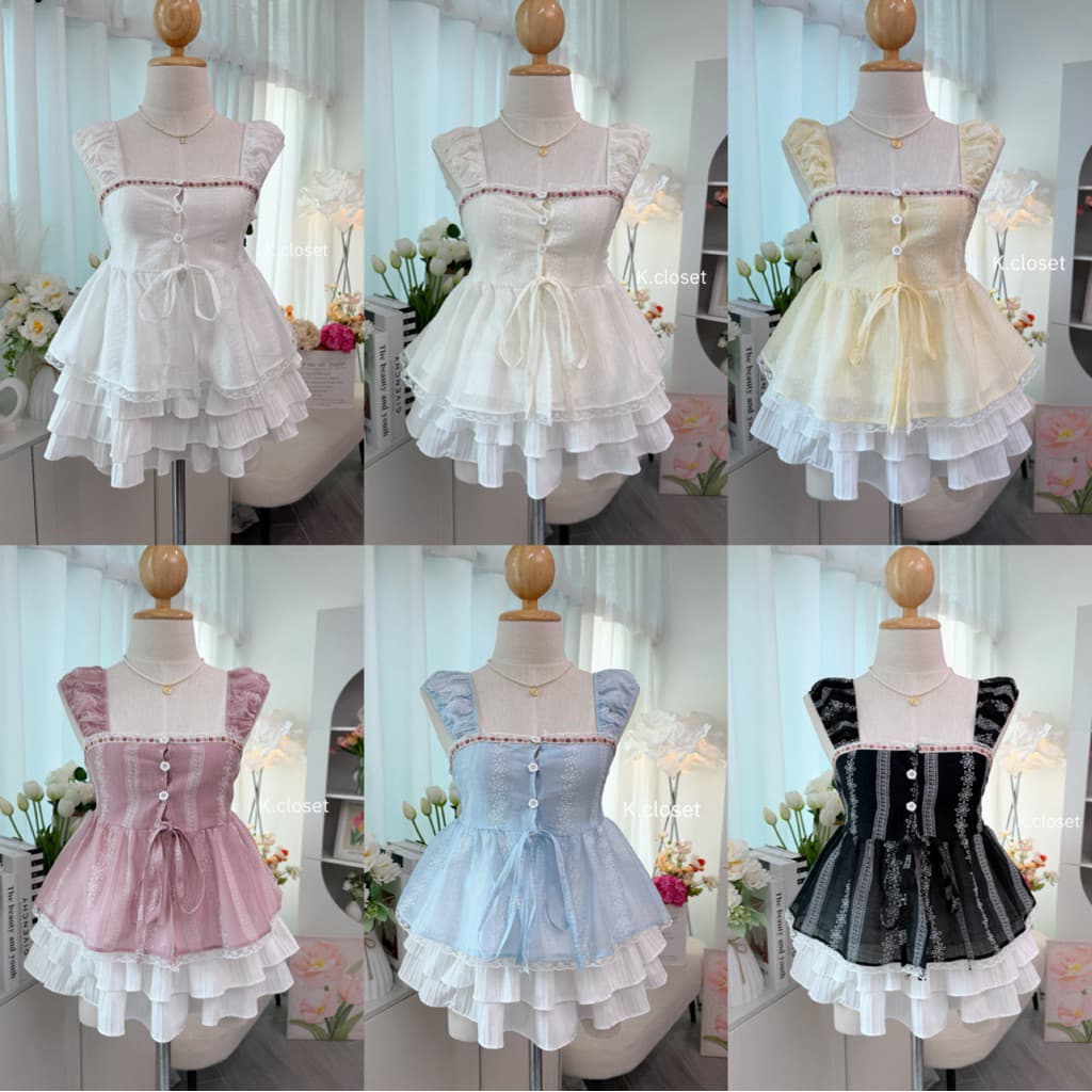 (อก30-40เสื้อสายเดี่ยวระบายชั้นผ้าโรซี่พิมลาย กระดุมใช้งานได้จริง detail แต่งผ้าลายน่ารัก รูปที่ 1
