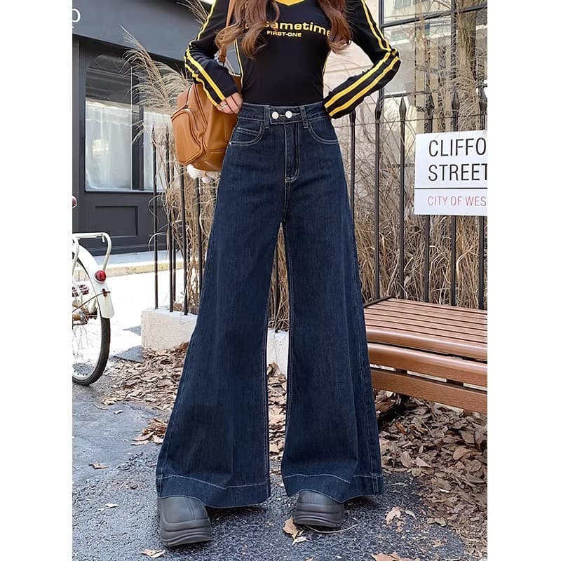 S~5XLBaggy jeans Navyblue กางเกงขายาวทรงตรงขาบานเอวสูงสีน้ำเงินเข้ม ดีไซน์แบบเรโทรสองปุ่ม กางเกงยีนส์ทรงหลวมลำลอง HOT รูปที่ 8