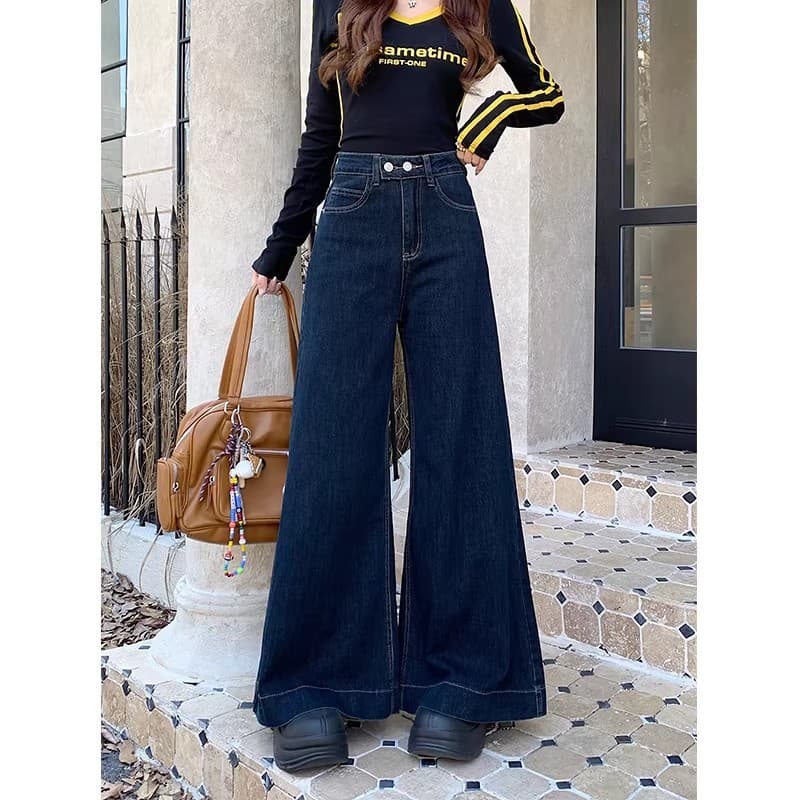 S~5XLBaggy jeans Navyblue กางเกงขายาวทรงตรงขาบานเอวสูงสีน้ำเงินเข้ม ดีไซน์แบบเรโทรสองปุ่ม กางเกงยีนส์ทรงหลวมลำลอง HOT รูปที่ 5