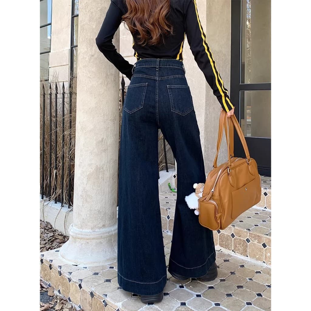 S~5XLBaggy jeans Navyblue กางเกงขายาวทรงตรงขาบานเอวสูงสีน้ำเงินเข้ม ดีไซน์แบบเรโทรสองปุ่ม กางเกงยีนส์ทรงหลวมลำลอง HOT รูปที่ 7