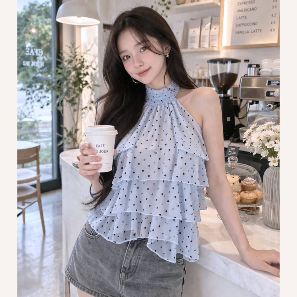 aimorn_shopเสื้อคล้องคอ ทรงบอลลูน ลายจุด สม็อคหลัง งานผ้าพริ้ว ผ้าใส่สบาย ฮิตสุดๆ รูปที่ 6