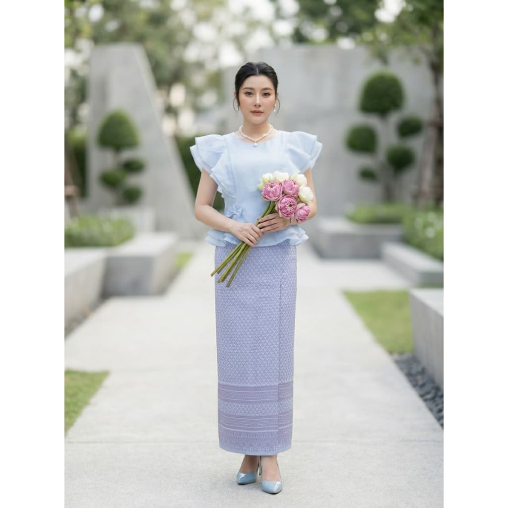 BS038 รุ่นฟ้าจรดทราย ชุดไทยแม่ลูก ชุดไทยประยุกต์ผู้หญิง ชุดไทยเด็กผู้หญิง สีฟ้าสวย สไบ สวยน่ารัก พาสเทล รูปที่ 5