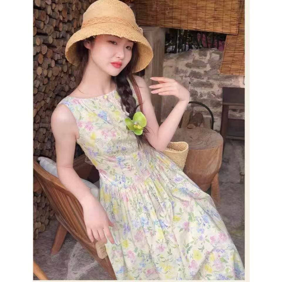 ส่ง เดรสเสื้อกล้ามลายดอกไม้สีสันสดใส สไตล์ฝรั่งเศสชนบท ทรงรัดเอวผอมสง่างาม หลวมสบาย เหมาะท่องเที่ยวฤดูร้อน รูปที่ 7