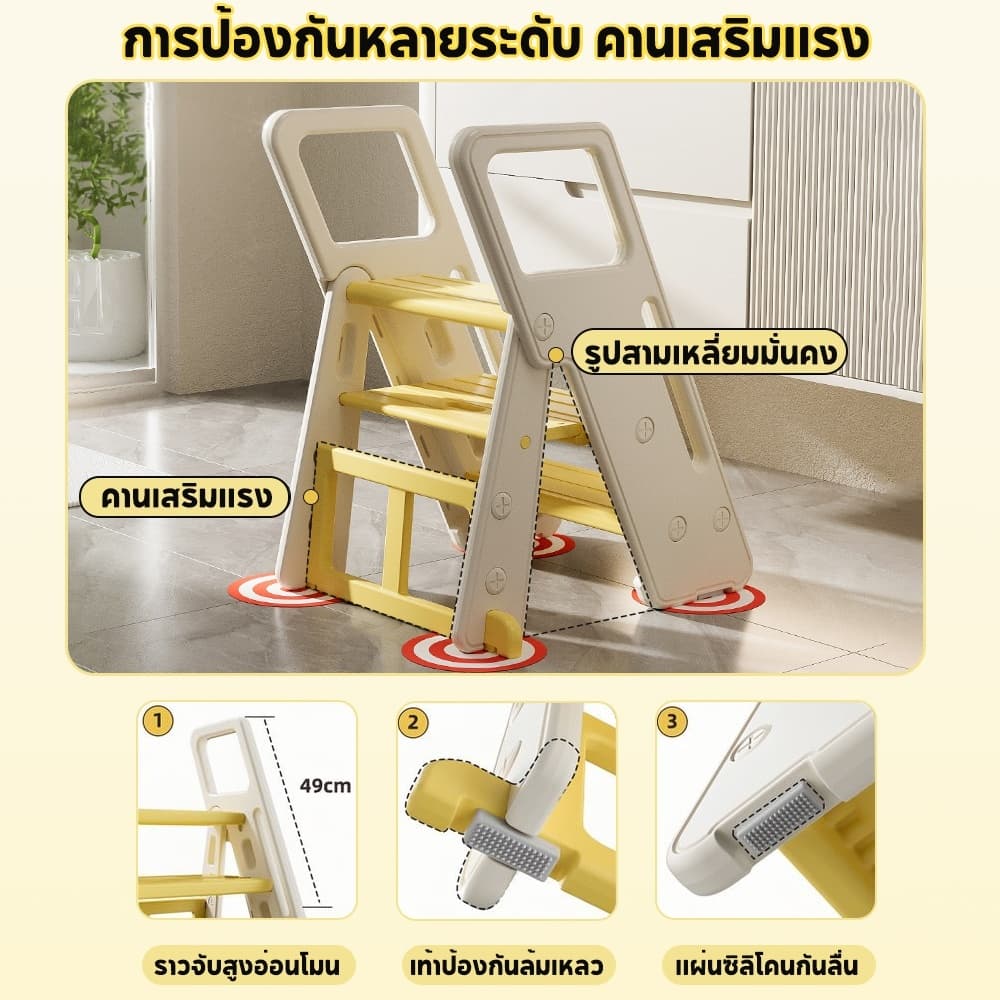 Tinylion บันไดเด็ก มีราวจับ2-3ชั้น สำหรับเด็ก กันลื่น ปลอดภัย ฝึกทำกิจวัตร ผู้ใหญ่ขึ้นได้ เก้าอี้พับ รูปที่ 7