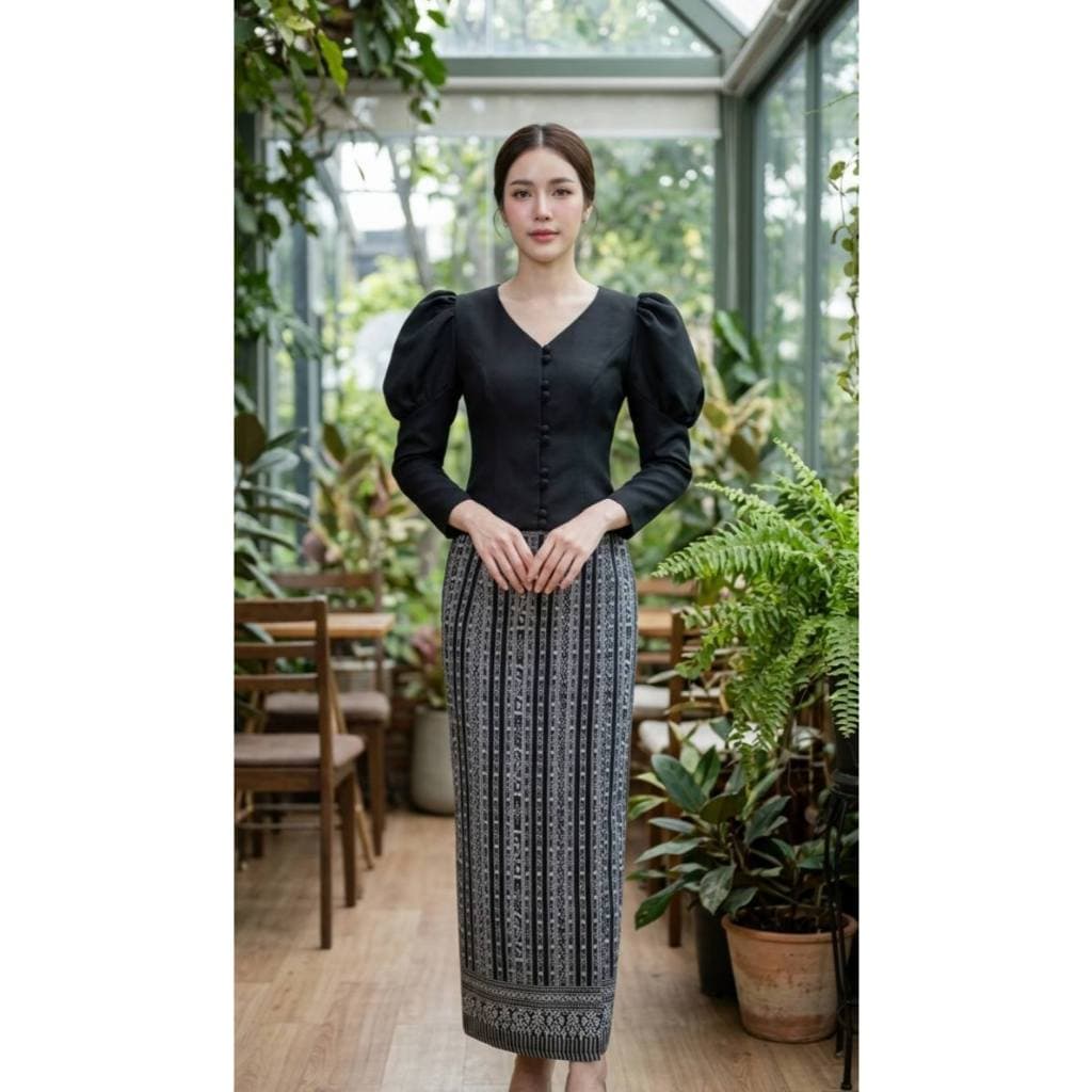 เสื้อผ้าฝ้ายลินินคอวีแขนเจ้าหญิง รูปที่ 6