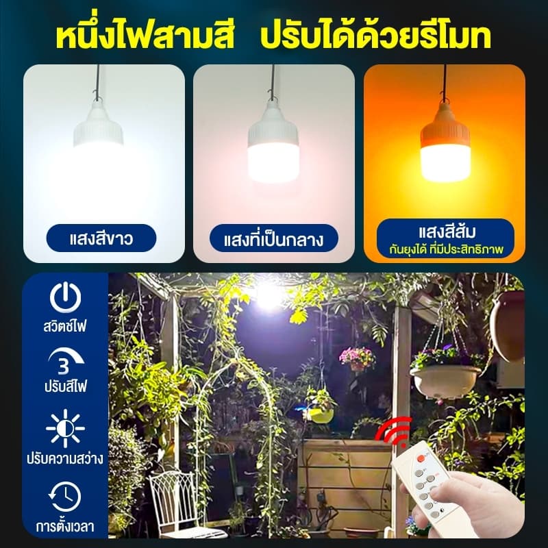 ไฟโซล่าเซลล์ หลอดไฟโซล่าเซลล์ 60000W Solar Light ไฟตุ้ม3สี ไฟตั้งแคมป์ สปอตไลท์พกพา แบตนาน12-48ชั่วโม รูปที่ 3
