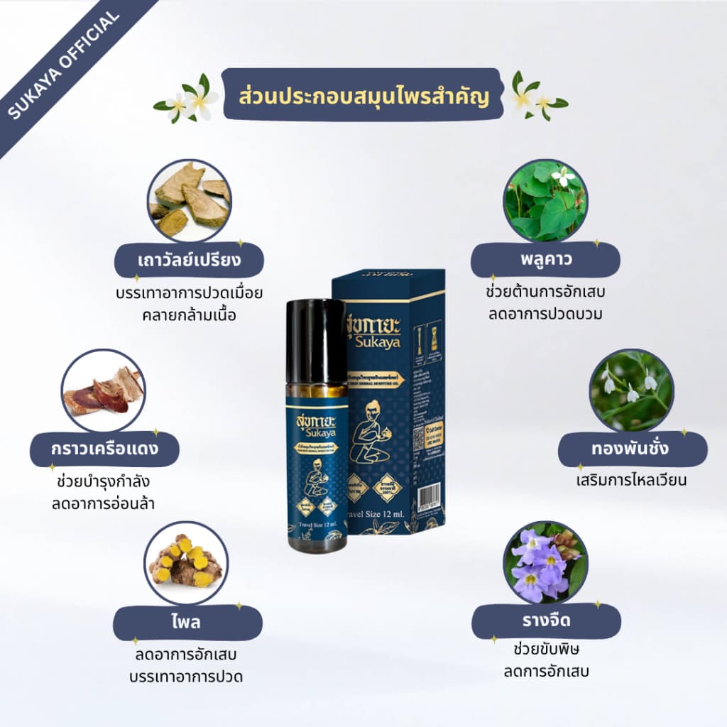 Sukaya Massage Oil น้ำมันสุขกายะ หัวลูกกลิ้ง น้ำมันนวด น้ำมันนวดคลายเส้น น้ำมันนวดอโรมา น้ำมันสมุนไพร รูปที่ 2