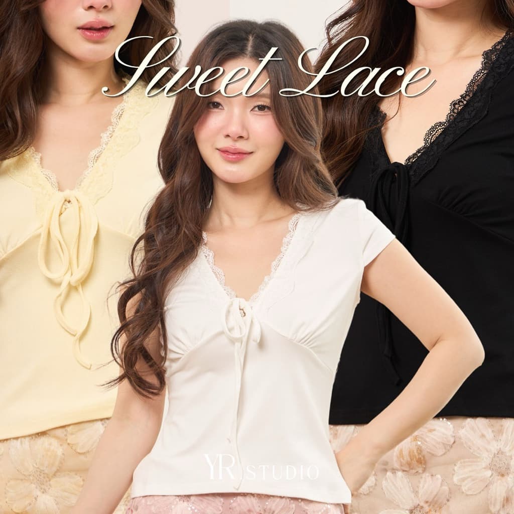 SWEET LACE TOP เสื้อยือคอวีแต่งดีไซน์ลูกไม้คอวี ดีไซน์เรียบง่าย ผ้าคอตตอลสเปนเดกซ์ ยืดนิ่ม ใส่สบาย รูปที่ 2