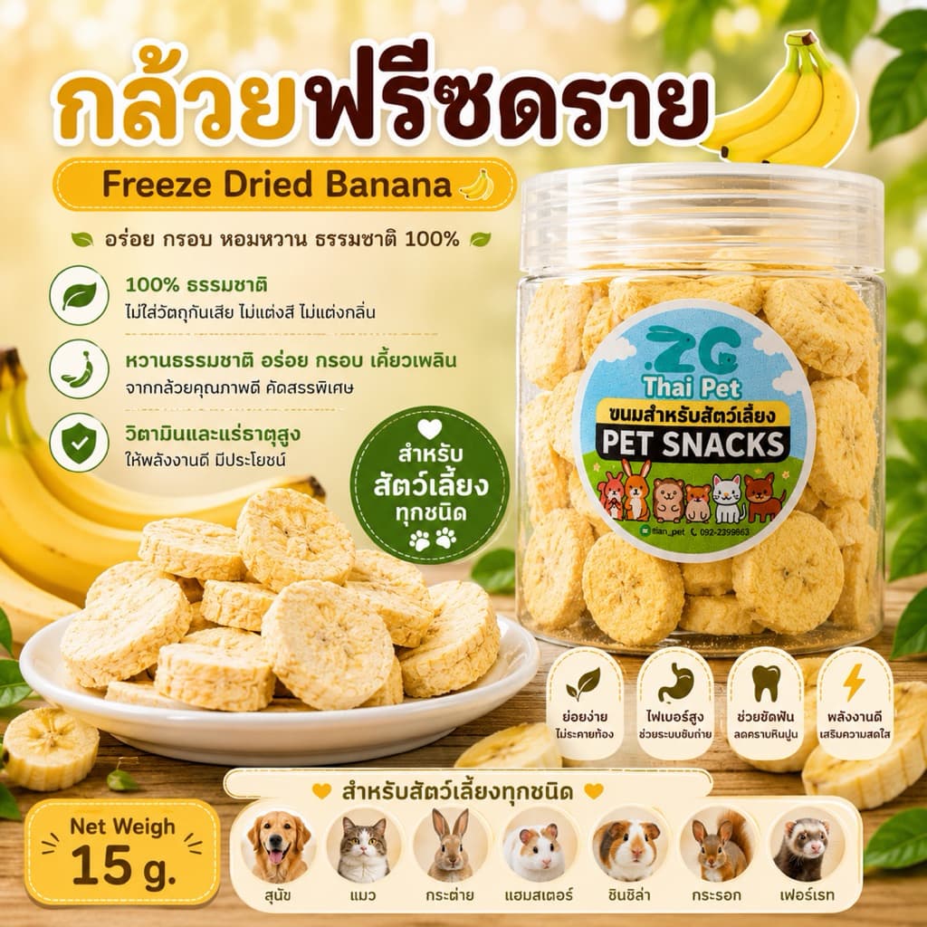 กล้วยอบแห้ง Freeze Dried Banana ผักผลไม้อบแห้งสำหรับสัตว์เลี้ยงฟันแทะทุกชนิด กระปุกขนาด 15 g. รูปที่ 1