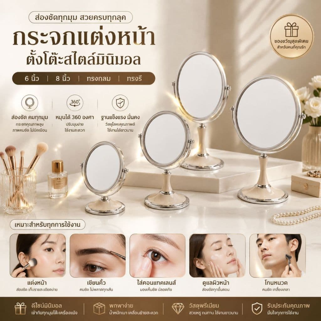 ส่งด่วน กระจกสไตล์เกาหลี 2หน้า แบบใหม่ กระจกมินิมอล กระจกแต่งหน้า ปรับองศาได้ รูปที่ 5