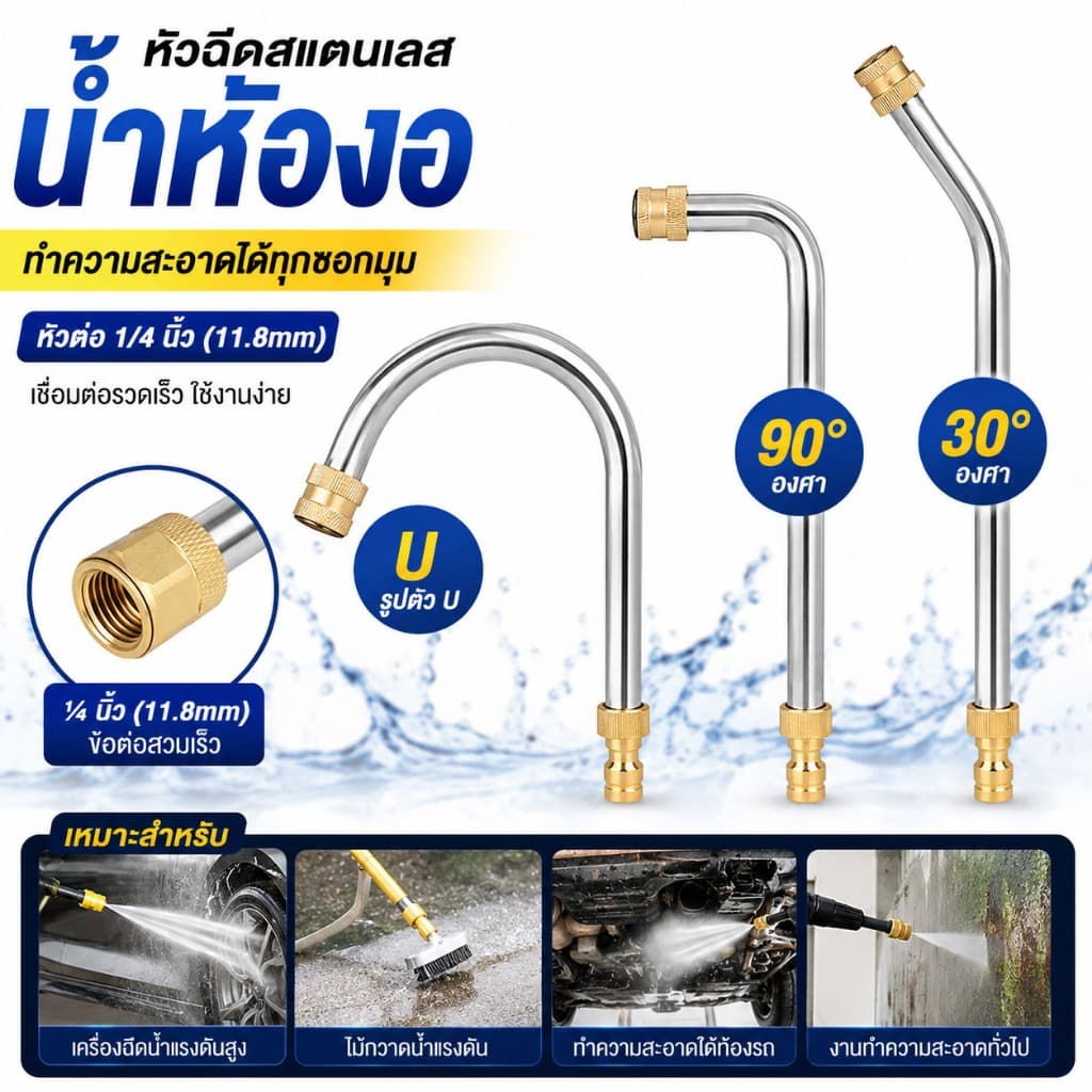 หัวฉีดล้างแอร์ 1/4 หัวปืนฉีดน้ำแรงดันสูง ข้อต่อขยายสแตนเลส 15cm/35cm สำหรับปั๊มแรงดันสูง 5000PSI รูปที่ 1