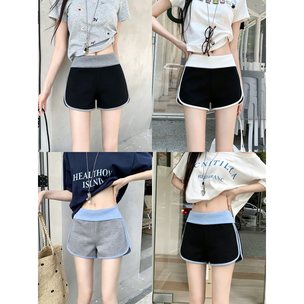 กางเกงเอวพับ กางเกงขาสั้น สีพื้น สาวฮอตต้องมี โปร่งสบาย ไม่อึดอัด#0359 รูปที่ 1
