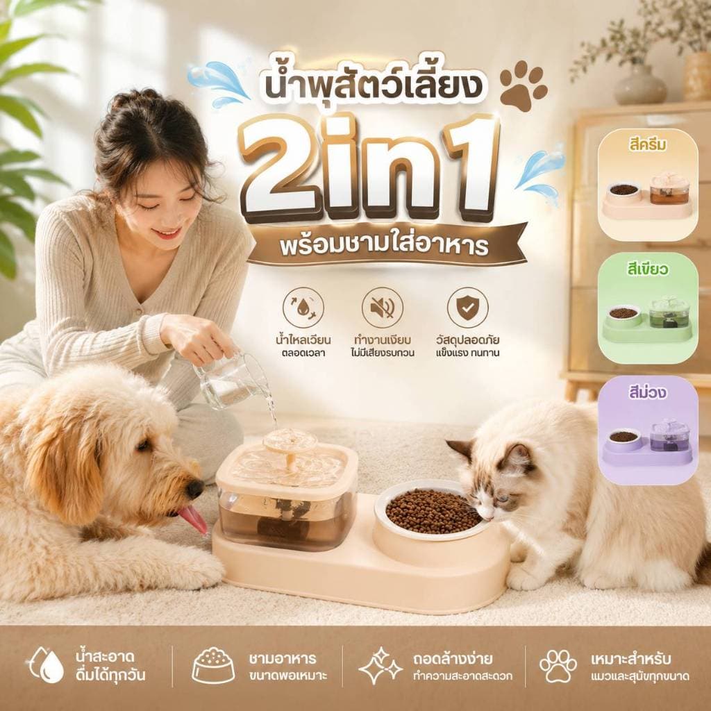 Boqi Factory น้ำพุสัตว์เลี้ยง 2 in 1 พร้อม ชามอาหารเดี่ยว ที่ให้น้ำอัตโนมัติ KPL005 รูปที่ 9